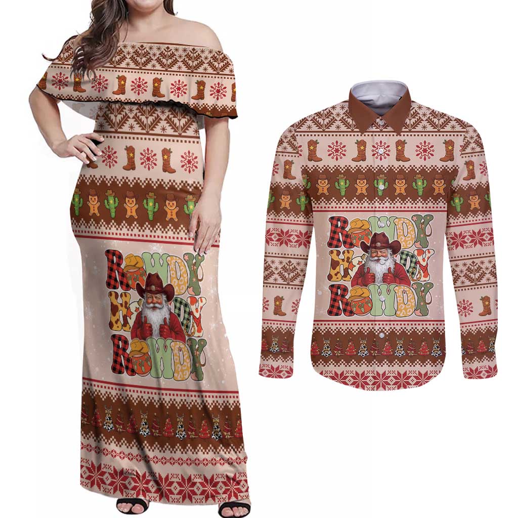 Howdy Christmas Couples Matching Off Shoulder Maxi Dress and Long Sleeve Button Shirt Cowboy Santa Western Xmas - Wonder Print Shop