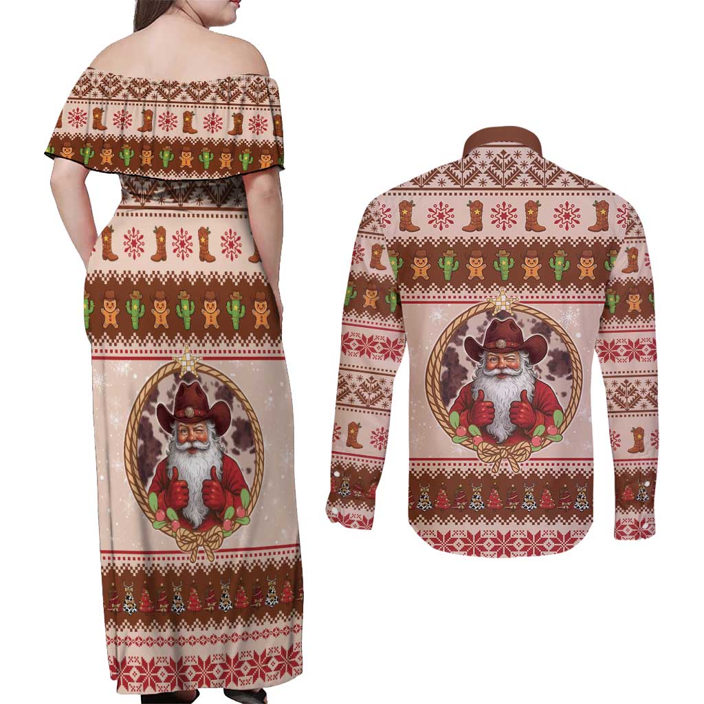Howdy Christmas Couples Matching Off Shoulder Maxi Dress and Long Sleeve Button Shirt Cowboy Santa Western Xmas - Wonder Print Shop