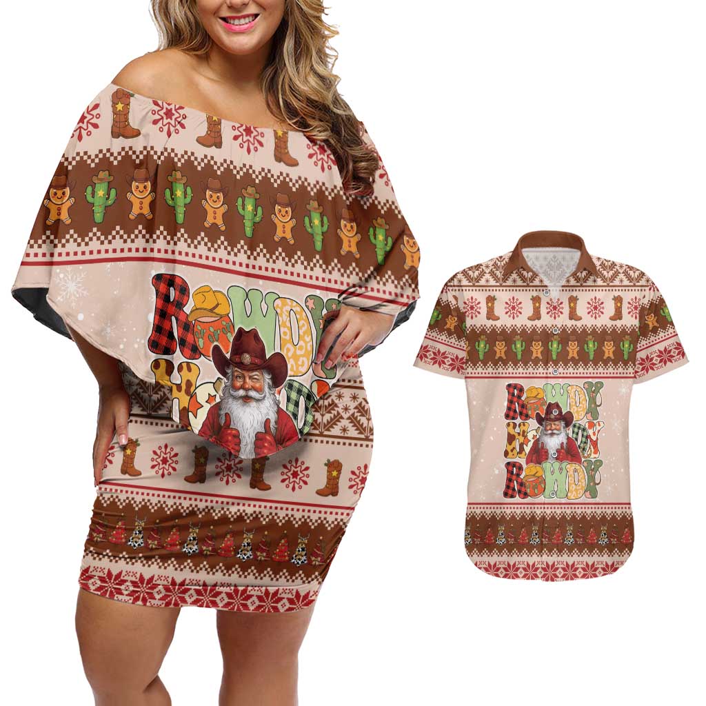 Howdy Christmas Couples Matching Off Shoulder Short Dress and Hawaiian Shirt Cowboy Santa Western Xmas - Wonder Print Shop