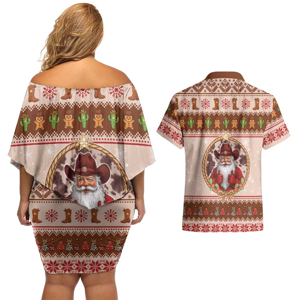 Howdy Christmas Couples Matching Off Shoulder Short Dress and Hawaiian Shirt Cowboy Santa Western Xmas - Wonder Print Shop
