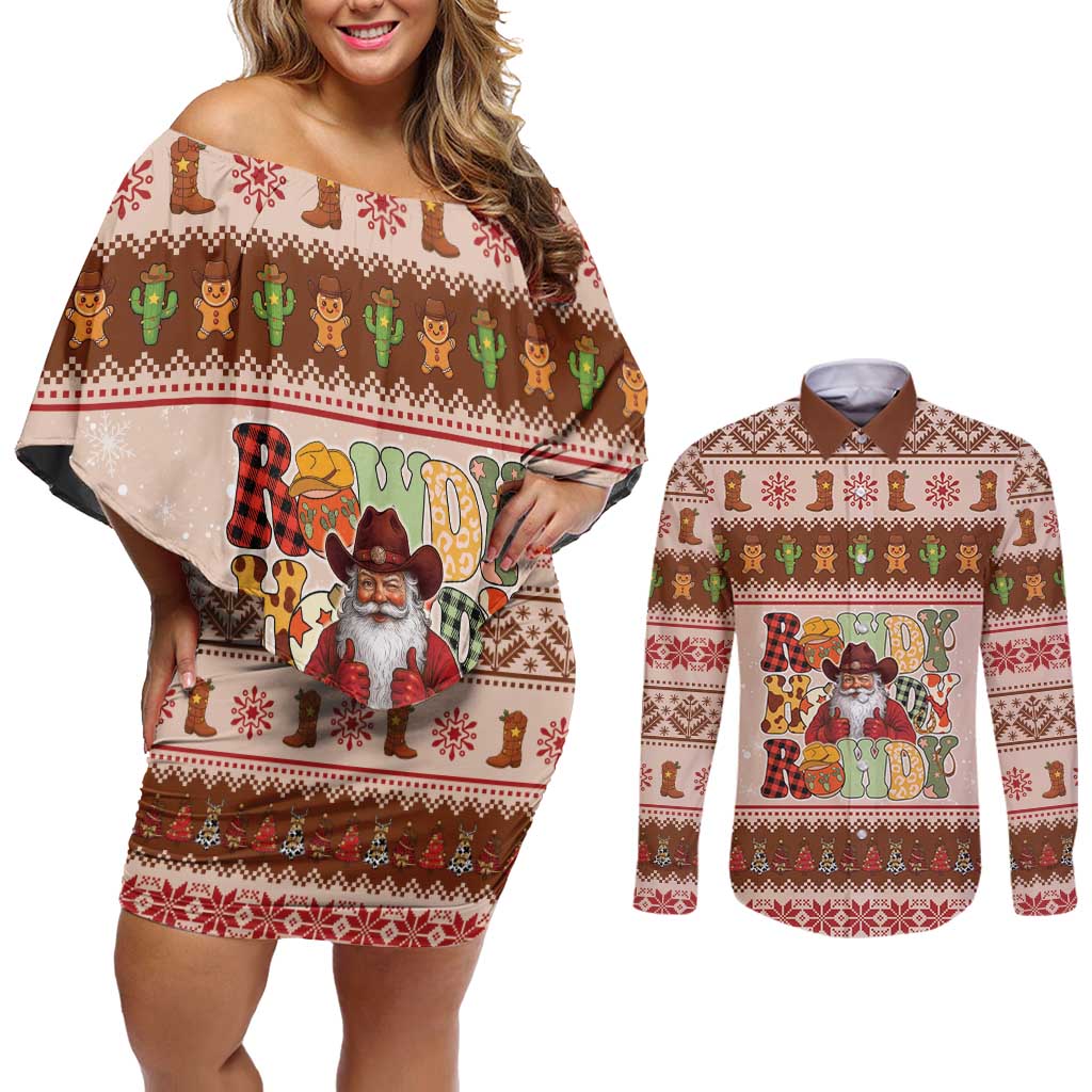 Howdy Christmas Couples Matching Off Shoulder Short Dress and Long Sleeve Button Shirt Cowboy Santa Western Xmas - Wonder Print Shop