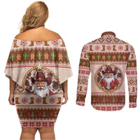 Howdy Christmas Couples Matching Off Shoulder Short Dress and Long Sleeve Button Shirt Cowboy Santa Western Xmas - Wonder Print Shop