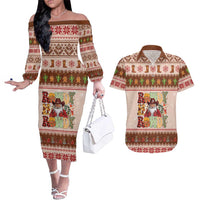 Howdy Christmas Couples Matching Off The Shoulder Long Sleeve Dress and Hawaiian Shirt Cowboy Santa Western Xmas - Wonder Print Shop