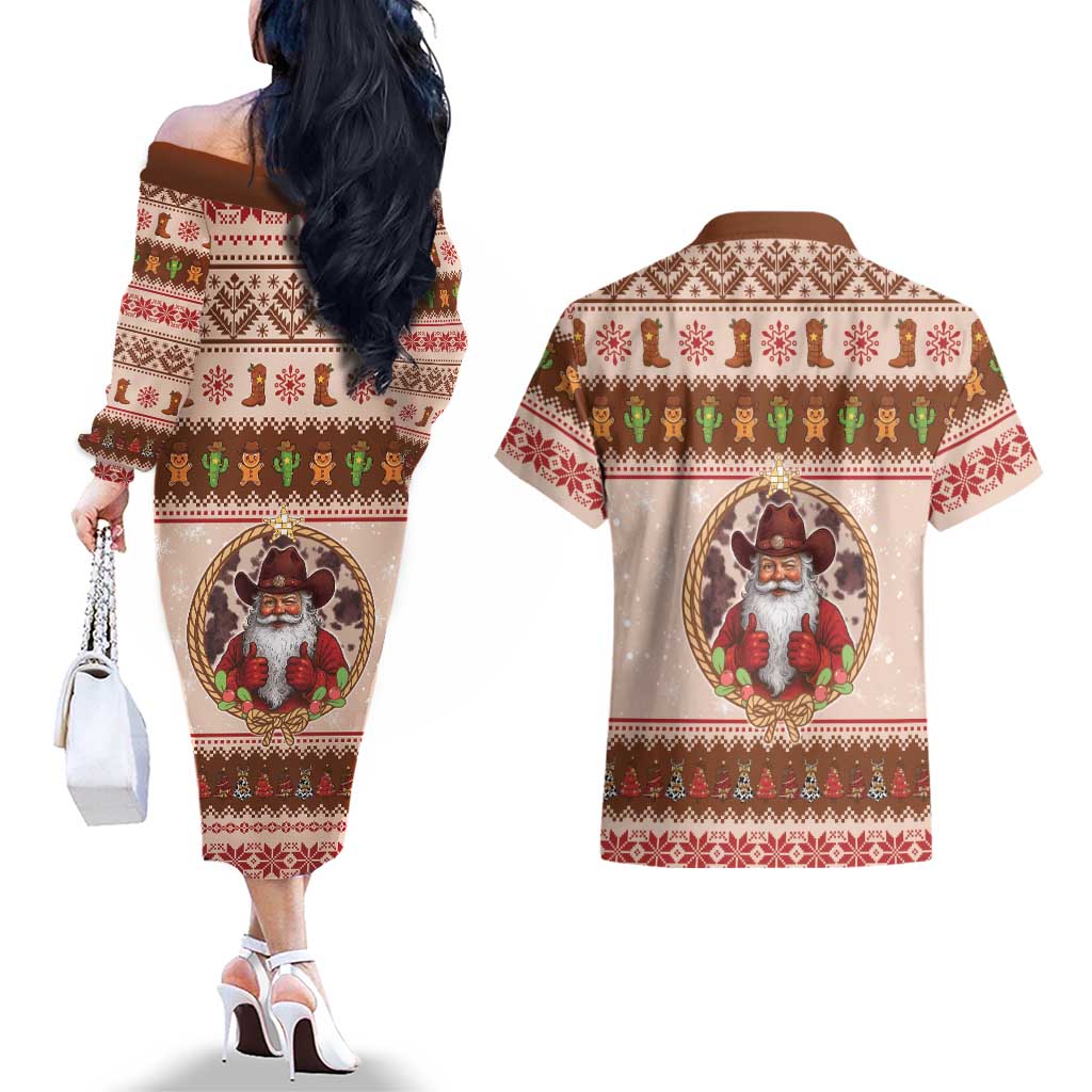 Howdy Christmas Couples Matching Off The Shoulder Long Sleeve Dress and Hawaiian Shirt Cowboy Santa Western Xmas - Wonder Print Shop