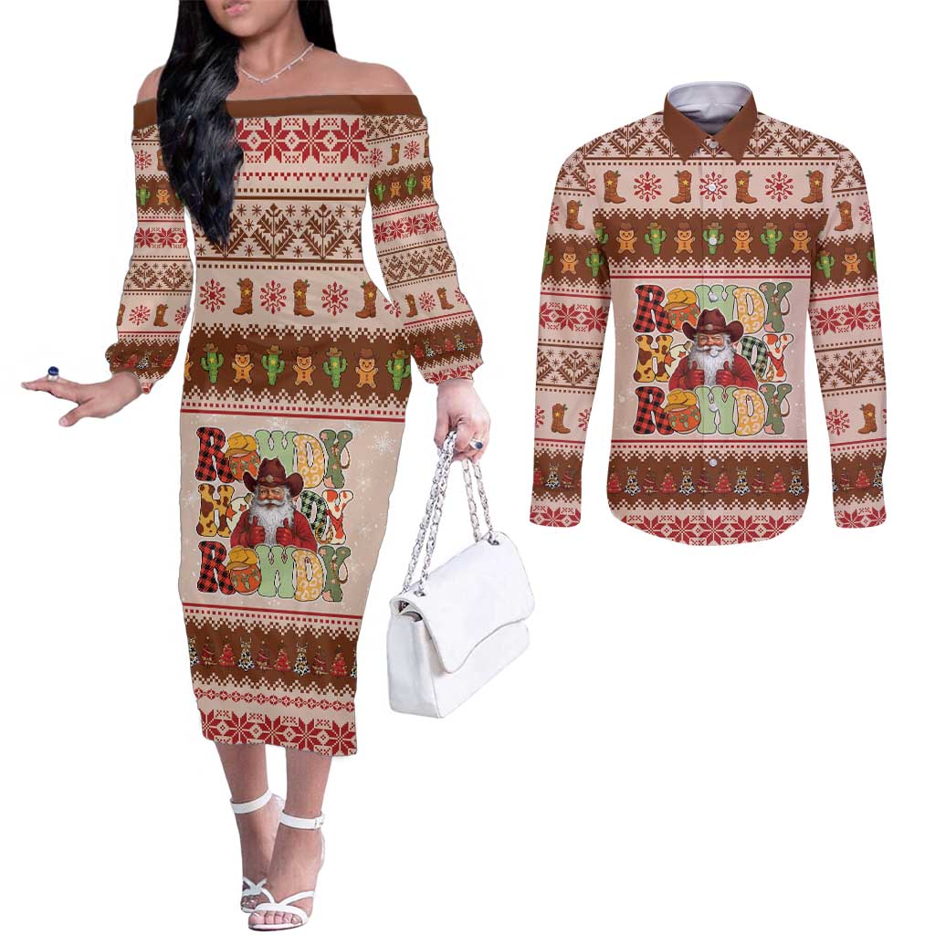 Howdy Christmas Couples Matching Off The Shoulder Long Sleeve Dress and Long Sleeve Button Shirt Cowboy Santa Western Xmas - Wonder Print Shop