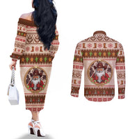 Howdy Christmas Couples Matching Off The Shoulder Long Sleeve Dress and Long Sleeve Button Shirt Cowboy Santa Western Xmas - Wonder Print Shop