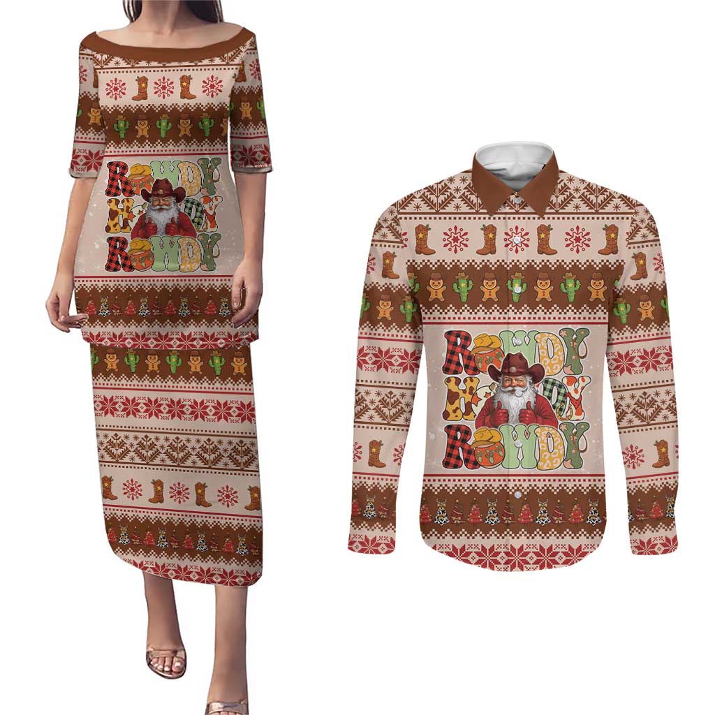 Howdy Christmas Couples Matching Puletasi and Long Sleeve Button Shirt Cowboy Santa Western Xmas - Wonder Print Shop
