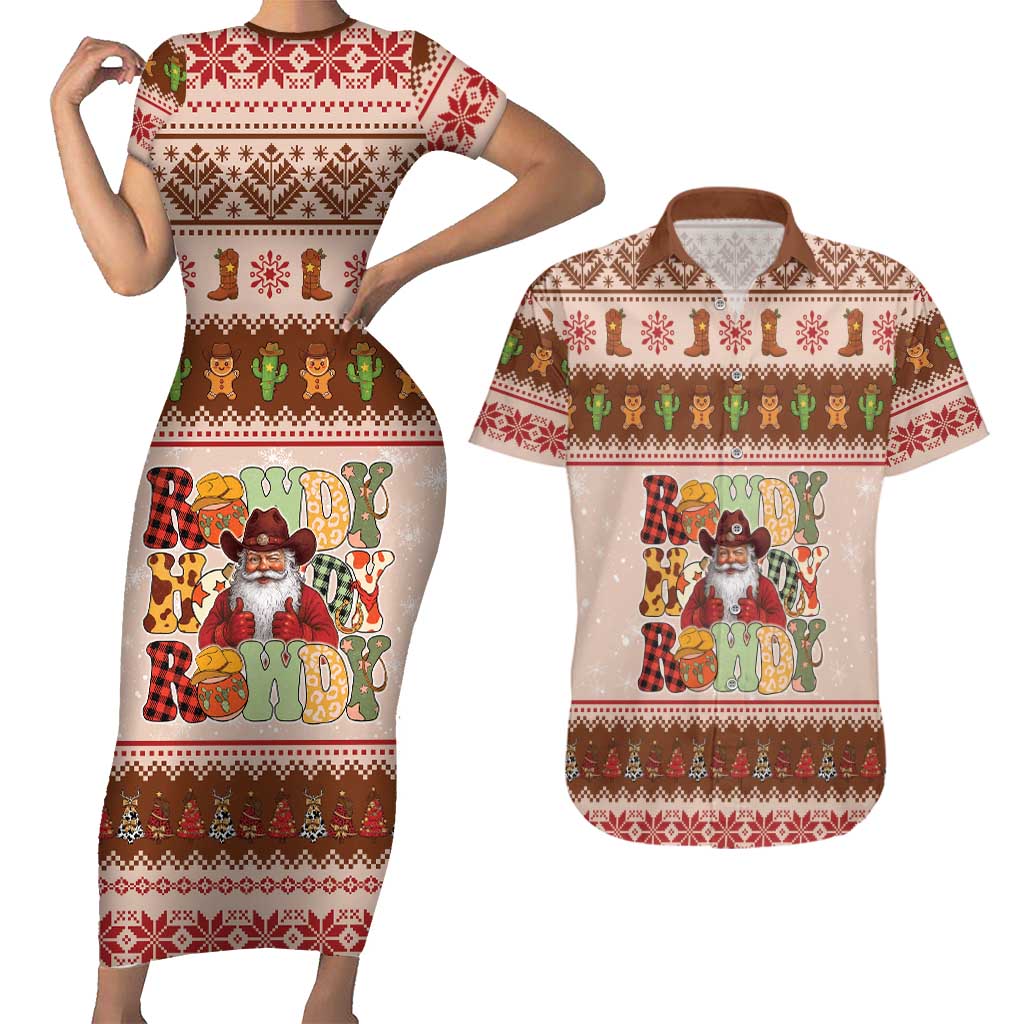 Howdy Christmas Couples Matching Short Sleeve Bodycon Dress and Hawaiian Shirt Cowboy Santa Western Xmas - Wonder Print Shop