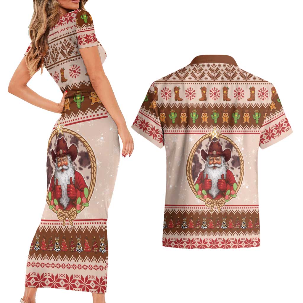 Howdy Christmas Couples Matching Short Sleeve Bodycon Dress and Hawaiian Shirt Cowboy Santa Western Xmas - Wonder Print Shop
