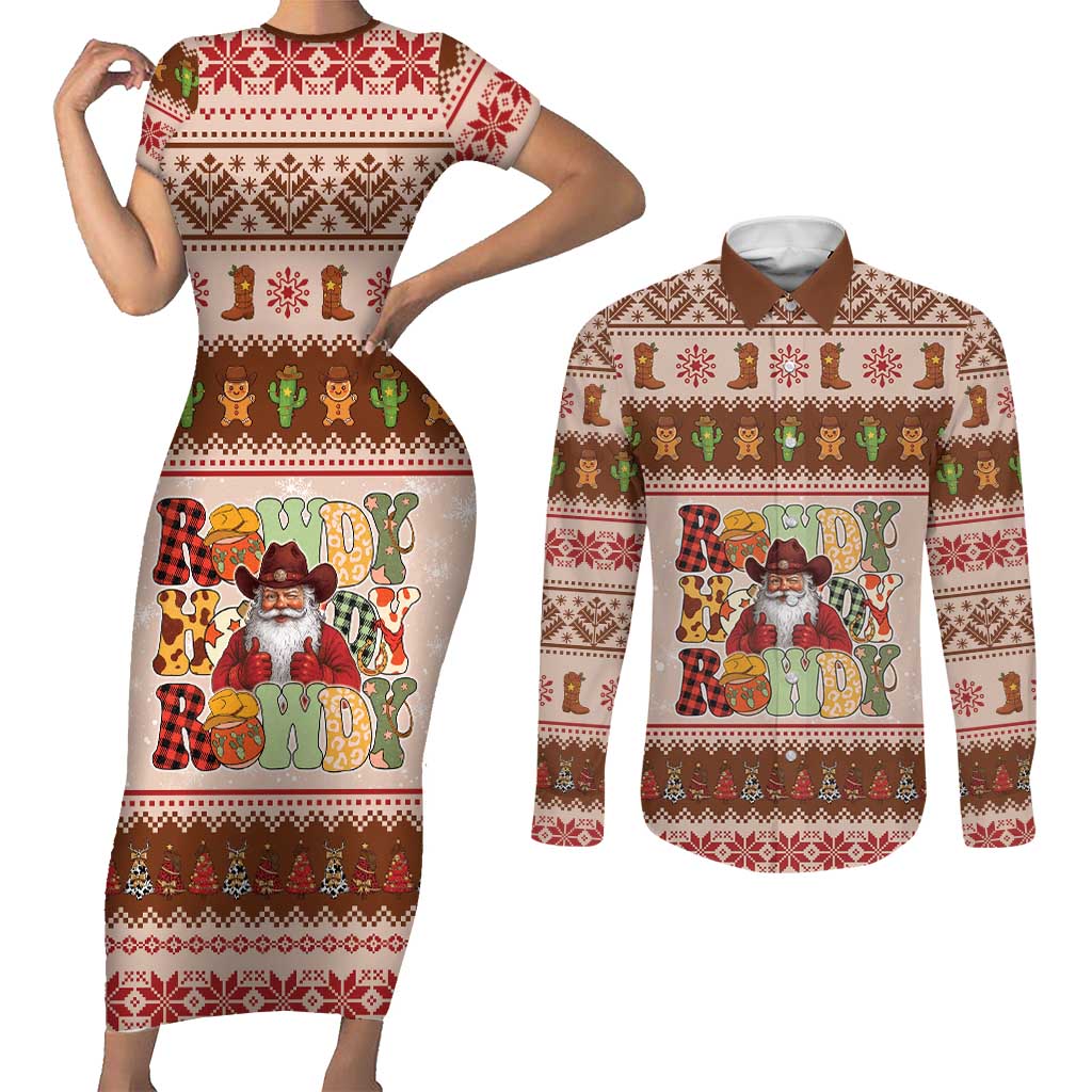 Howdy Christmas Couples Matching Short Sleeve Bodycon Dress and Long Sleeve Button Shirt Cowboy Santa Western Xmas - Wonder Print Shop