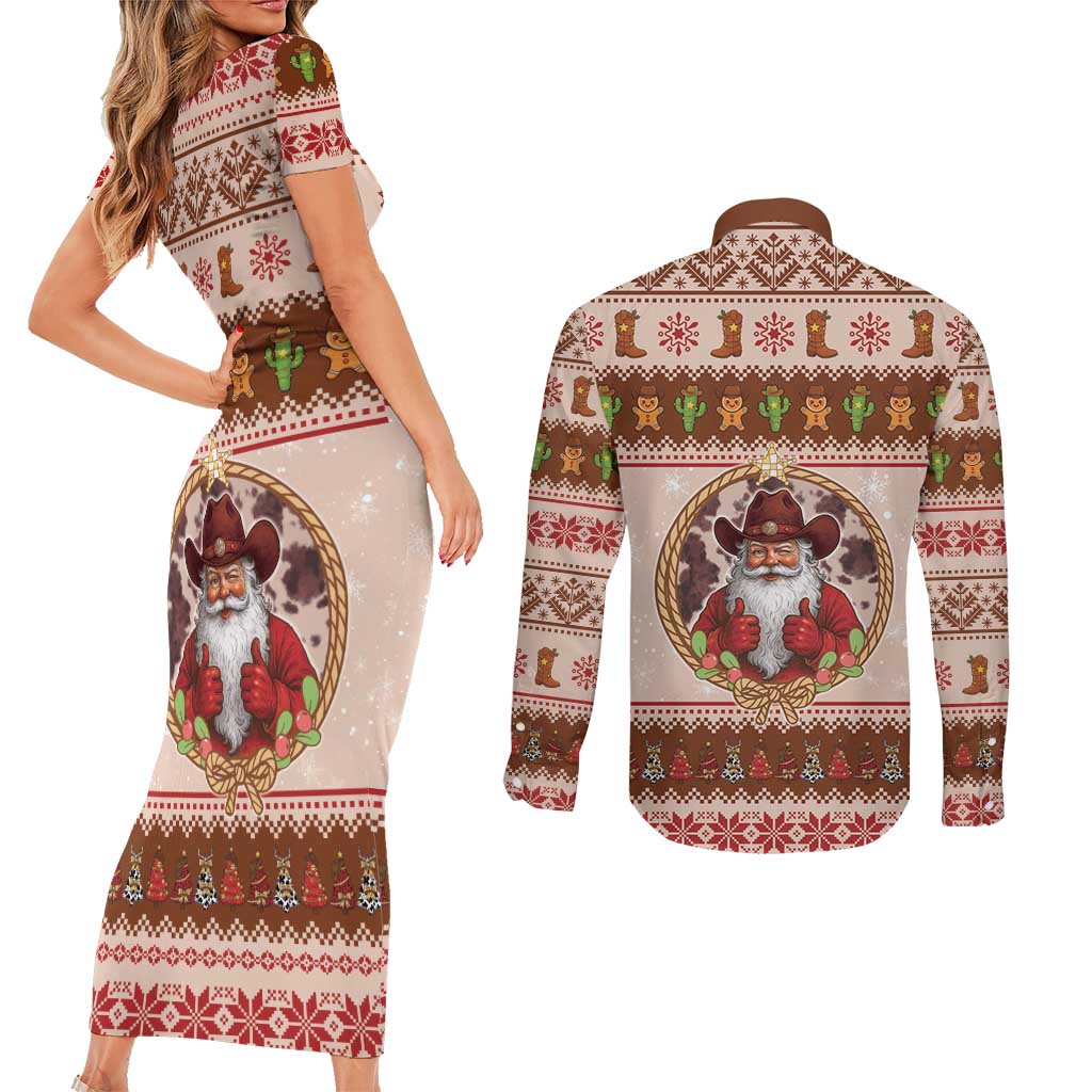 Howdy Christmas Couples Matching Short Sleeve Bodycon Dress and Long Sleeve Button Shirt Cowboy Santa Western Xmas - Wonder Print Shop