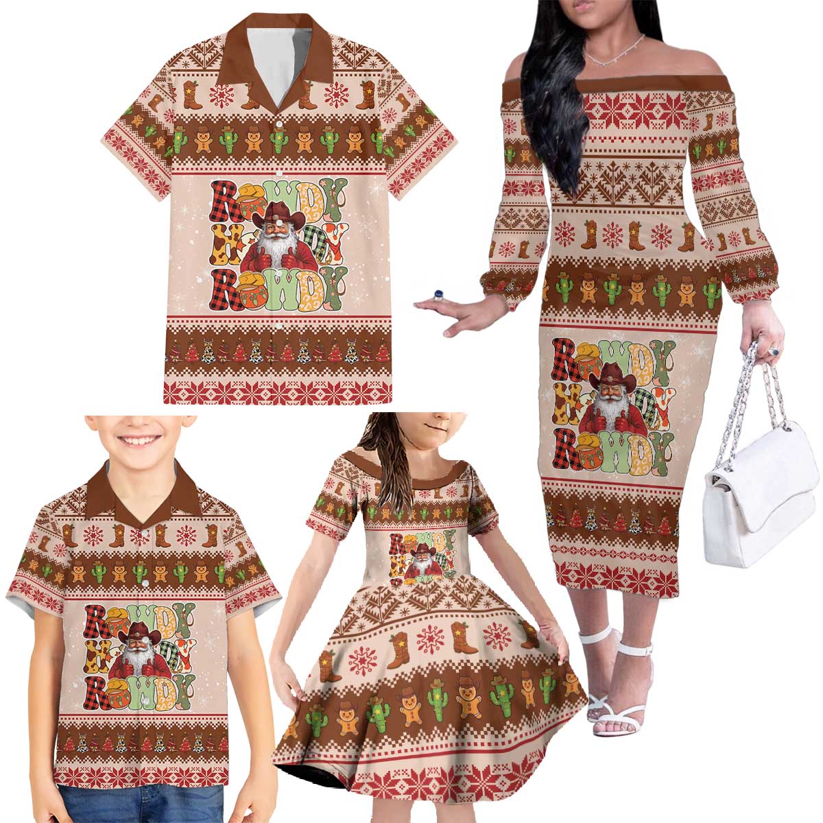 Howdy Christmas Family Matching Off The Shoulder Long Sleeve Dress and Hawaiian Shirt Cowboy Santa Western Xmas - Wonder Print Shop