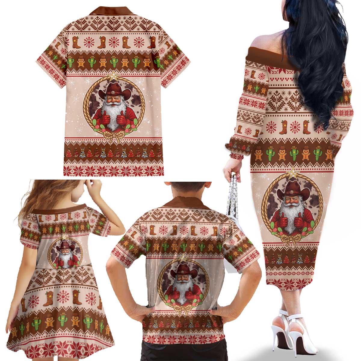 Howdy Christmas Family Matching Off The Shoulder Long Sleeve Dress and Hawaiian Shirt Cowboy Santa Western Xmas - Wonder Print Shop