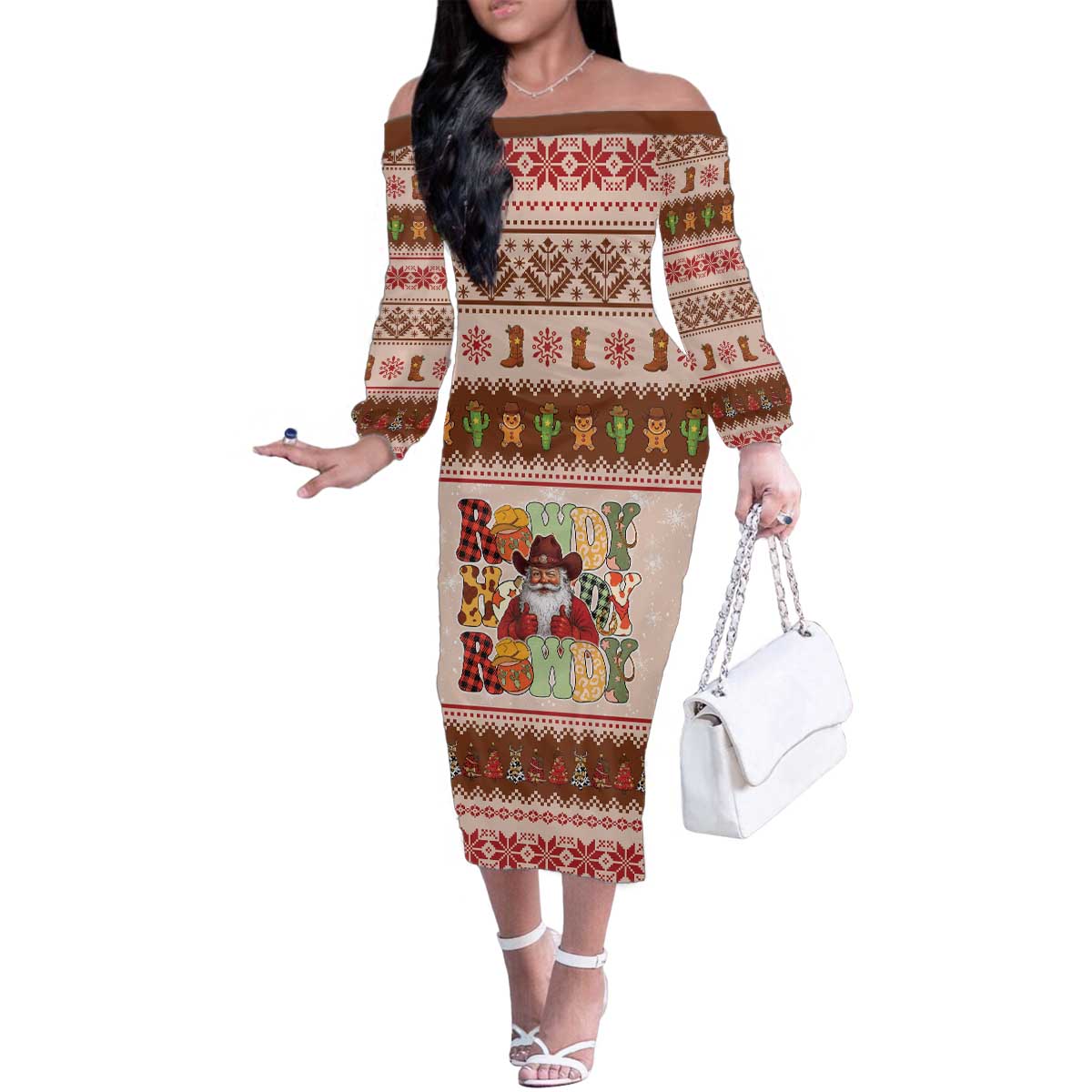 Howdy Christmas Family Matching Off The Shoulder Long Sleeve Dress and Hawaiian Shirt Cowboy Santa Western Xmas - Wonder Print Shop
