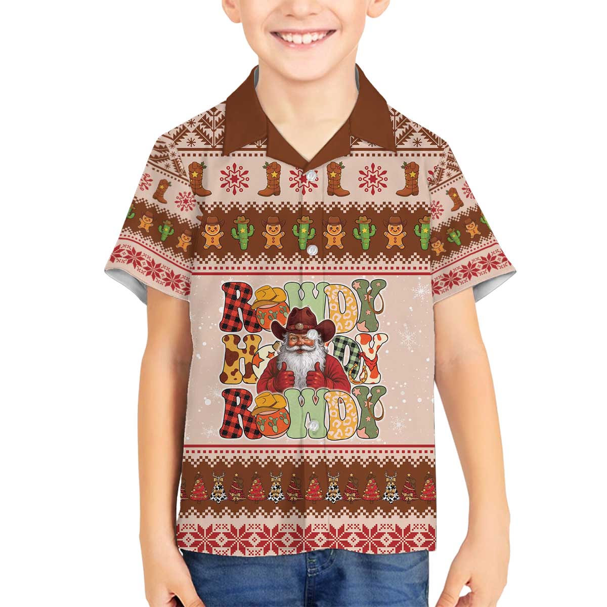 Howdy Christmas Family Matching Off The Shoulder Long Sleeve Dress and Hawaiian Shirt Cowboy Santa Western Xmas - Wonder Print Shop