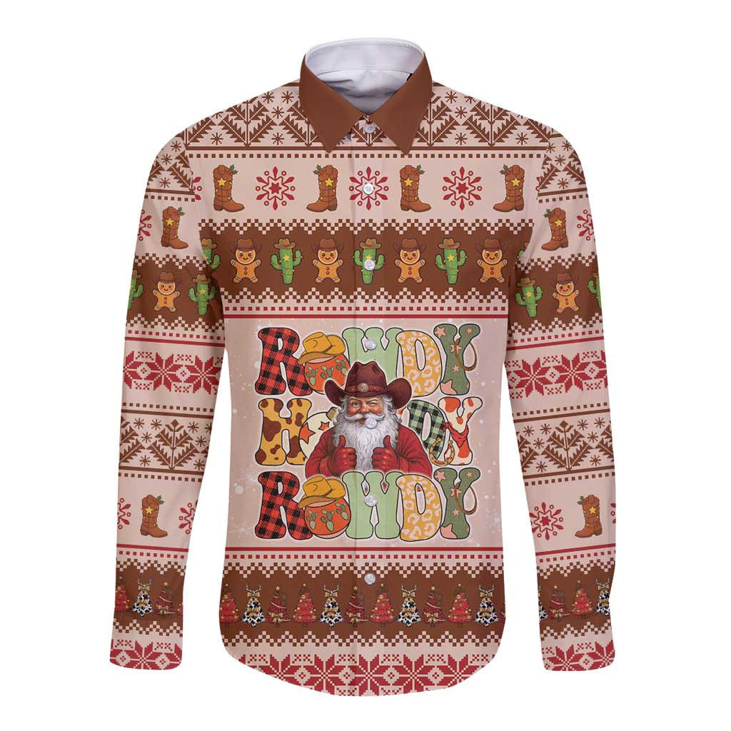 Howdy Christmas Long Sleeve Button Shirt Cowboy Santa Western Xmas - Wonder Print Shop