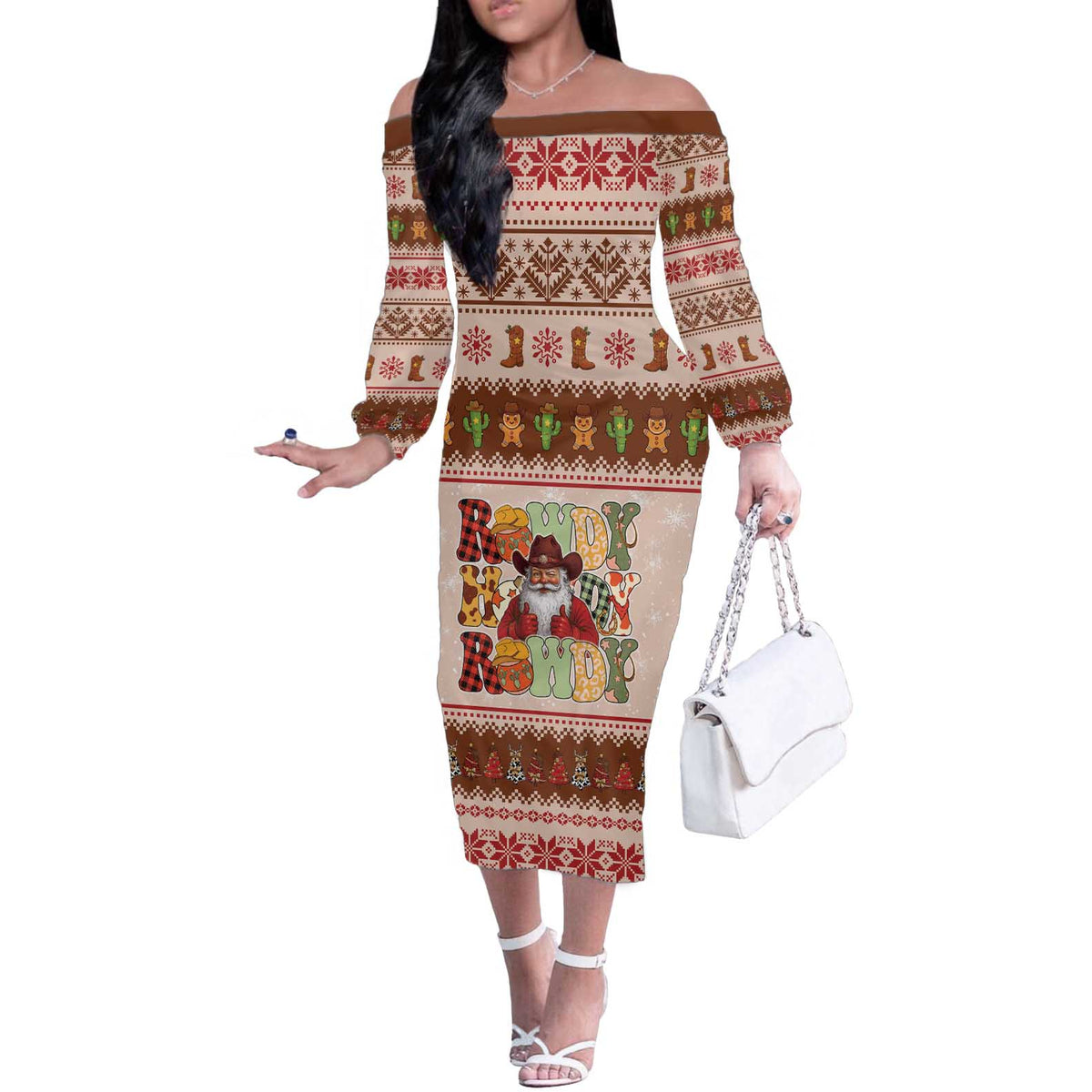 Howdy Christmas Off The Shoulder Long Sleeve Dress Cowboy Santa Western Xmas - Wonder Print Shop