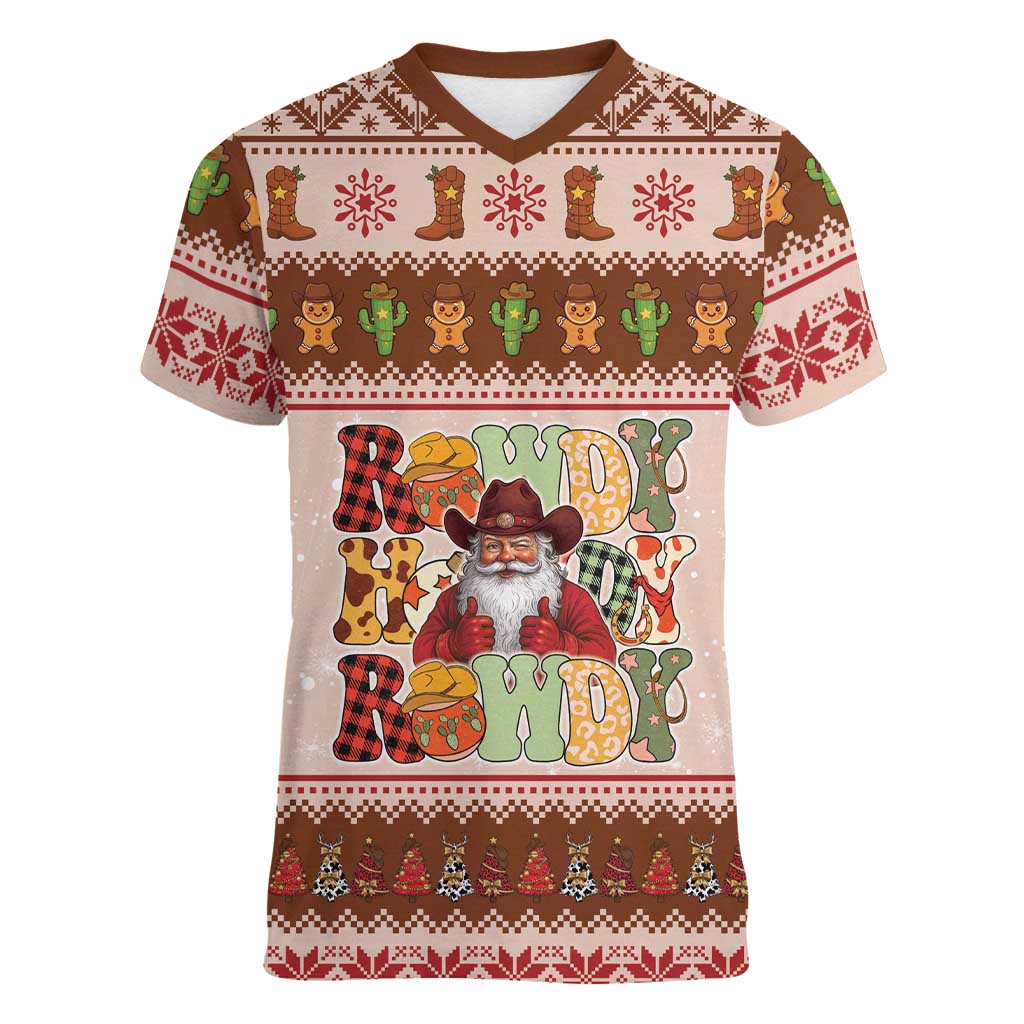 Howdy Christmas Women V-Neck T-Shirt Cowboy Santa Western Xmas - Wonder Print Shop