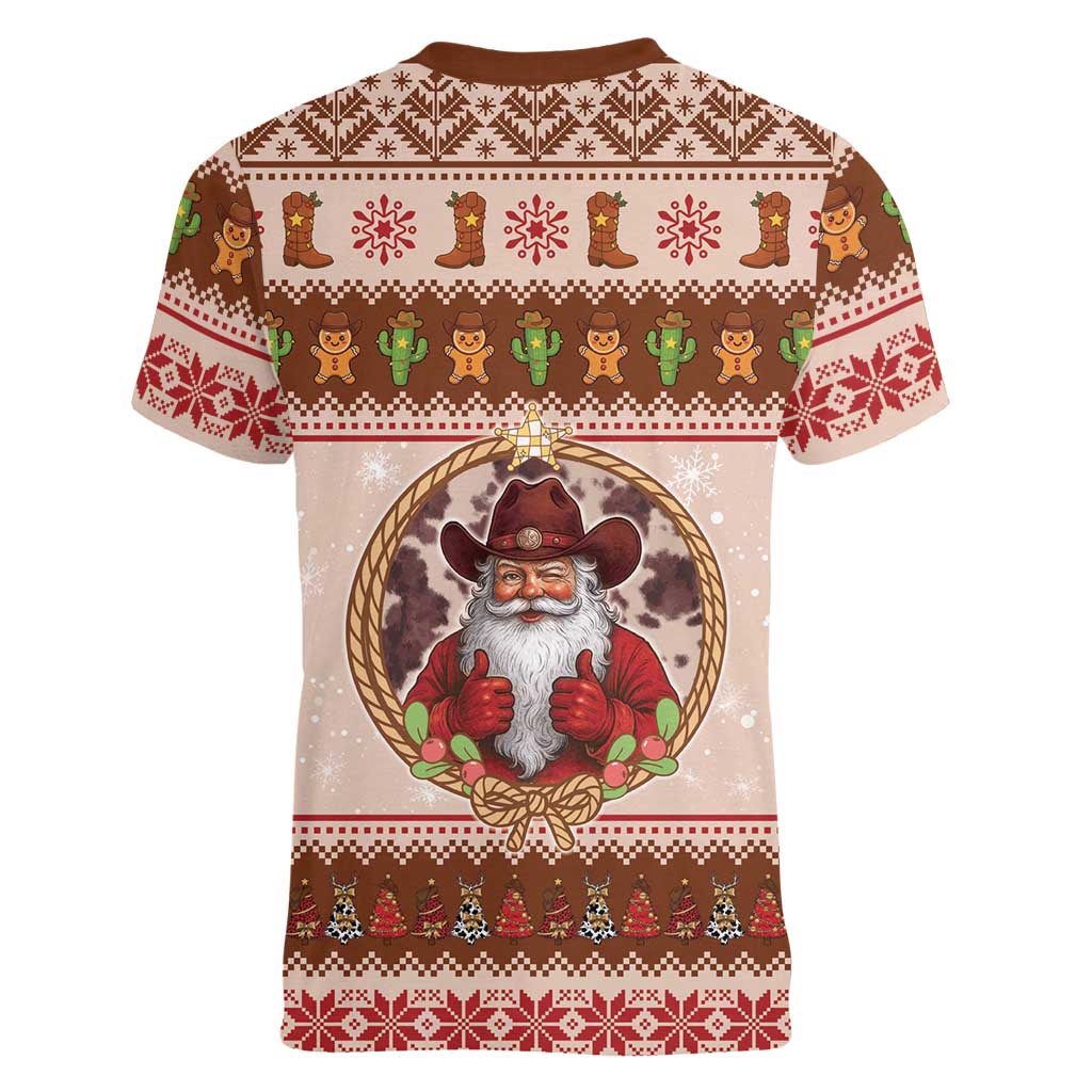 Howdy Christmas Women V-Neck T-Shirt Cowboy Santa Western Xmas - Wonder Print Shop