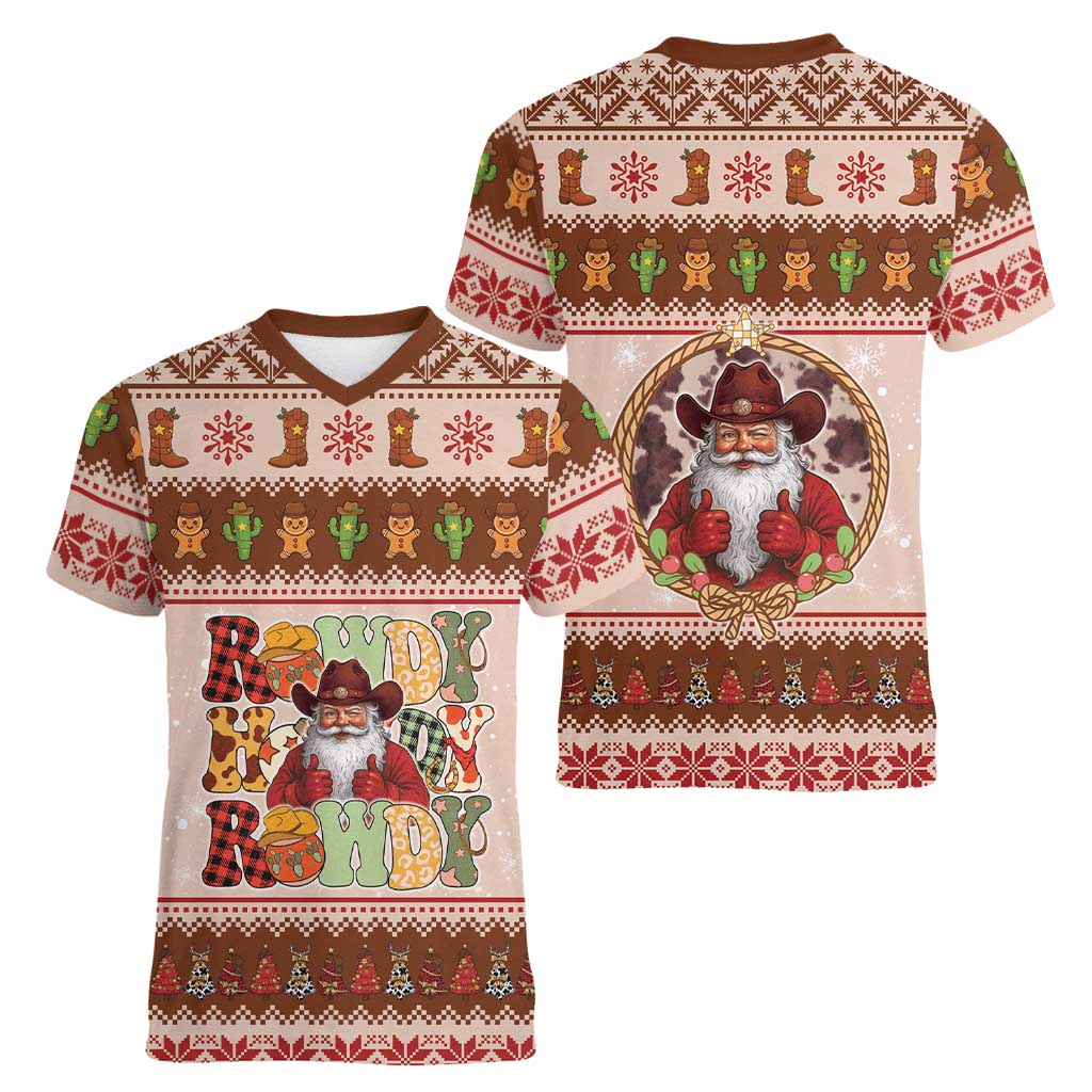 Howdy Christmas Women V-Neck T-Shirt Cowboy Santa Western Xmas - Wonder Print Shop