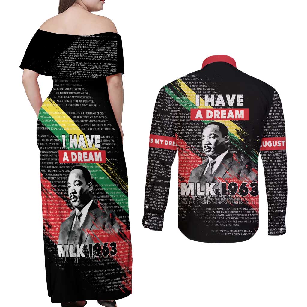 MLK Honoring The Legacy Couples Matching Off Shoulder Maxi Dress and Long Sleeve Button Shirt Black Version LT05 - Wonder Print Shop