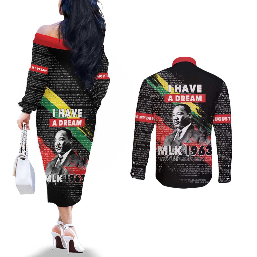 MLK Honoring The Legacy Couples Matching Off The Shoulder Long Sleeve Dress and Long Sleeve Button Shirt Black Version