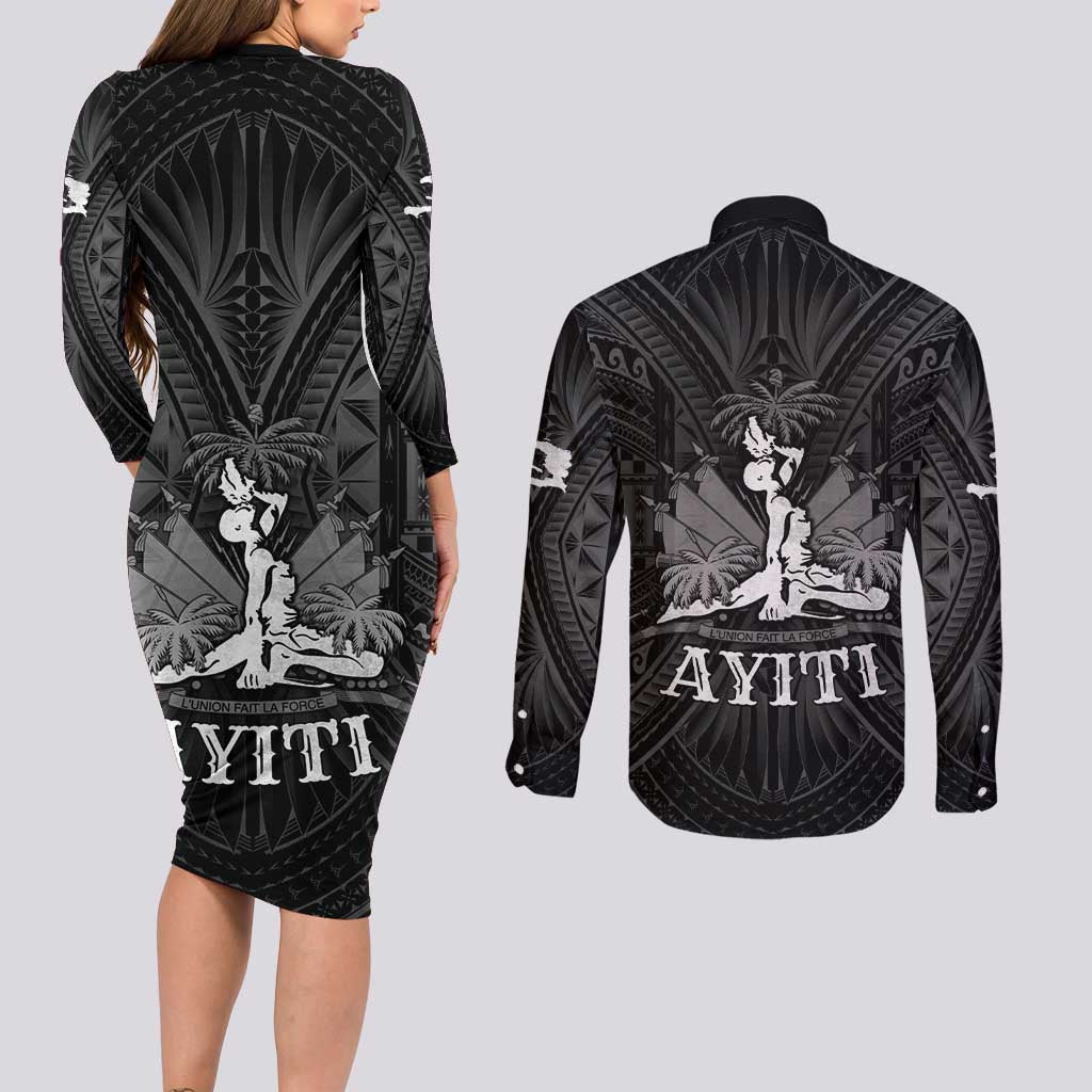 Haiti 1804 Couples Matching Long Sleeve Bodycon Dress and Long Sleeve Button Shirt Polynesian Silver Neg Maron LT05 - Wonder Print Shop