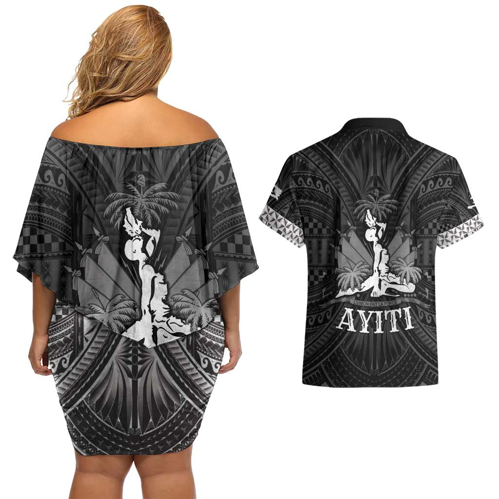 Haiti 1804 Couples Matching Off Shoulder Short Dress and Hawaiian Shirt Polynesian Silver Neg Maron LT05 - Wonder Print Shop