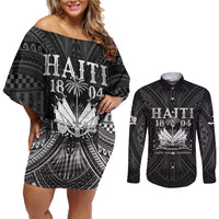 Haiti 1804 Couples Matching Off Shoulder Short Dress and Long Sleeve Button Shirt Polynesian Silver Neg Maron LT05 - Wonder Print Shop