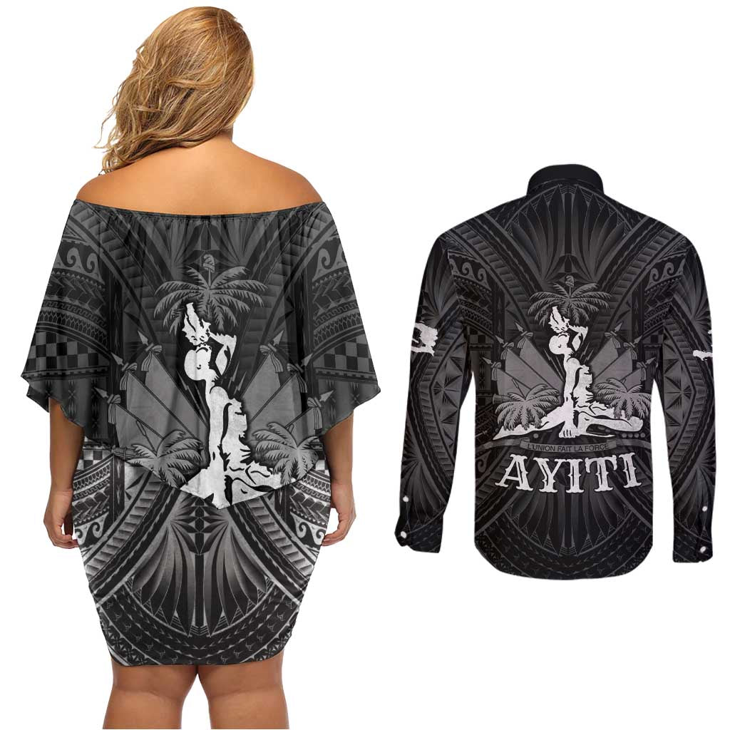 Haiti 1804 Couples Matching Off Shoulder Short Dress and Long Sleeve Button Shirt Polynesian Silver Neg Maron LT05 - Wonder Print Shop