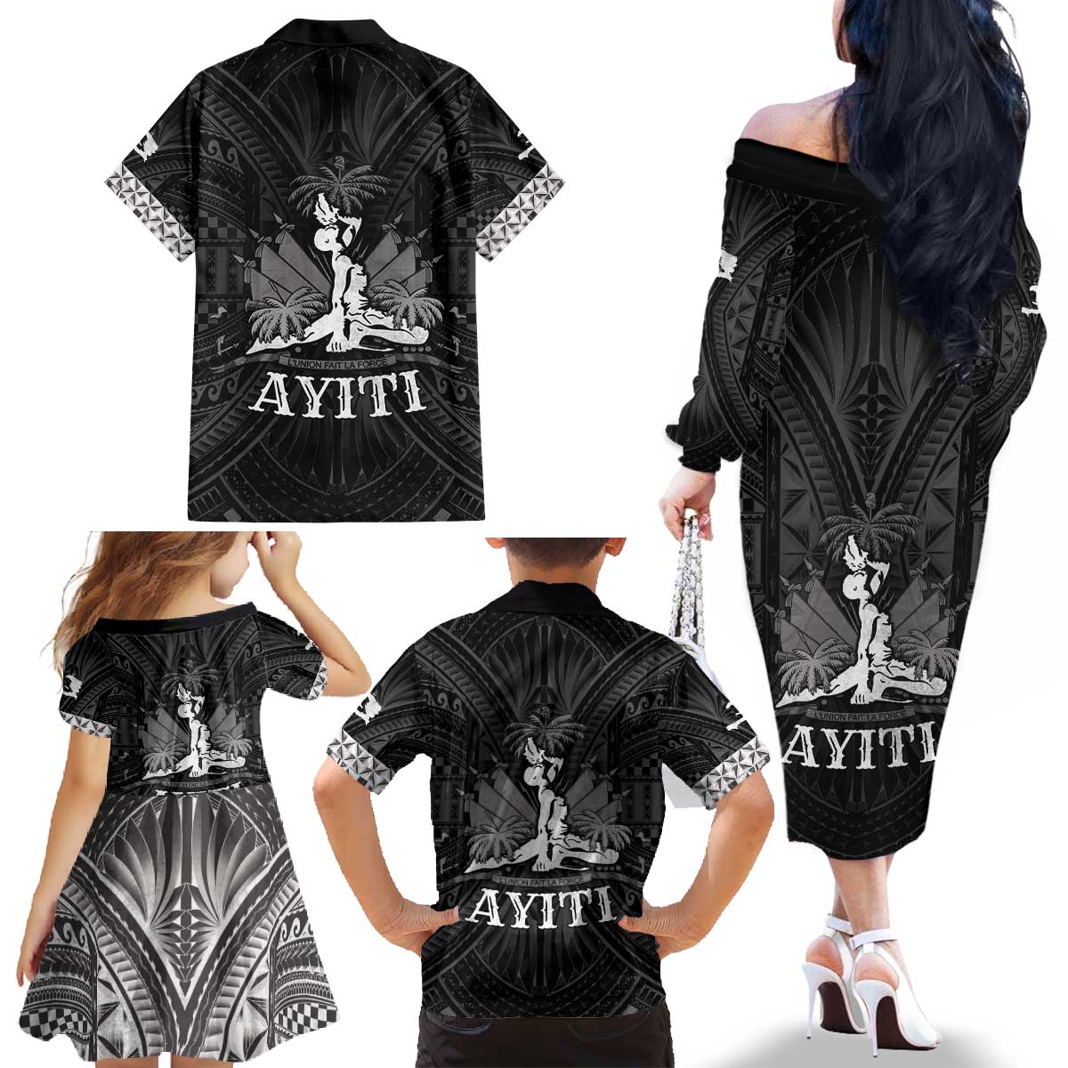 Haiti 1804 Family Matching Off The Shoulder Long Sleeve Dress and Hawaiian Shirt Polynesian Silver Neg Maron LT05 - Wonder Print Shop