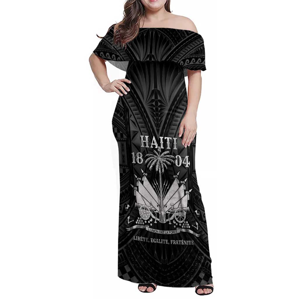 Haiti 1804 Family Matching Off Shoulder Maxi Dress and Hawaiian Shirt Polynesian Silver Neg Maron LT05 - Wonder Print Shop