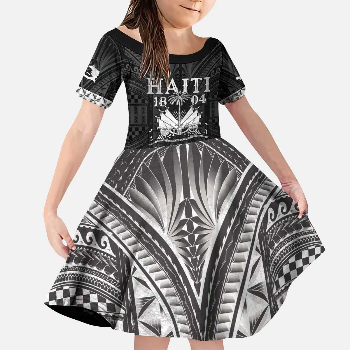 Haiti 1804 Kid Short Sleeve Dress Polynesian Silver Neg Maron LT05 - Wonder Print Shop