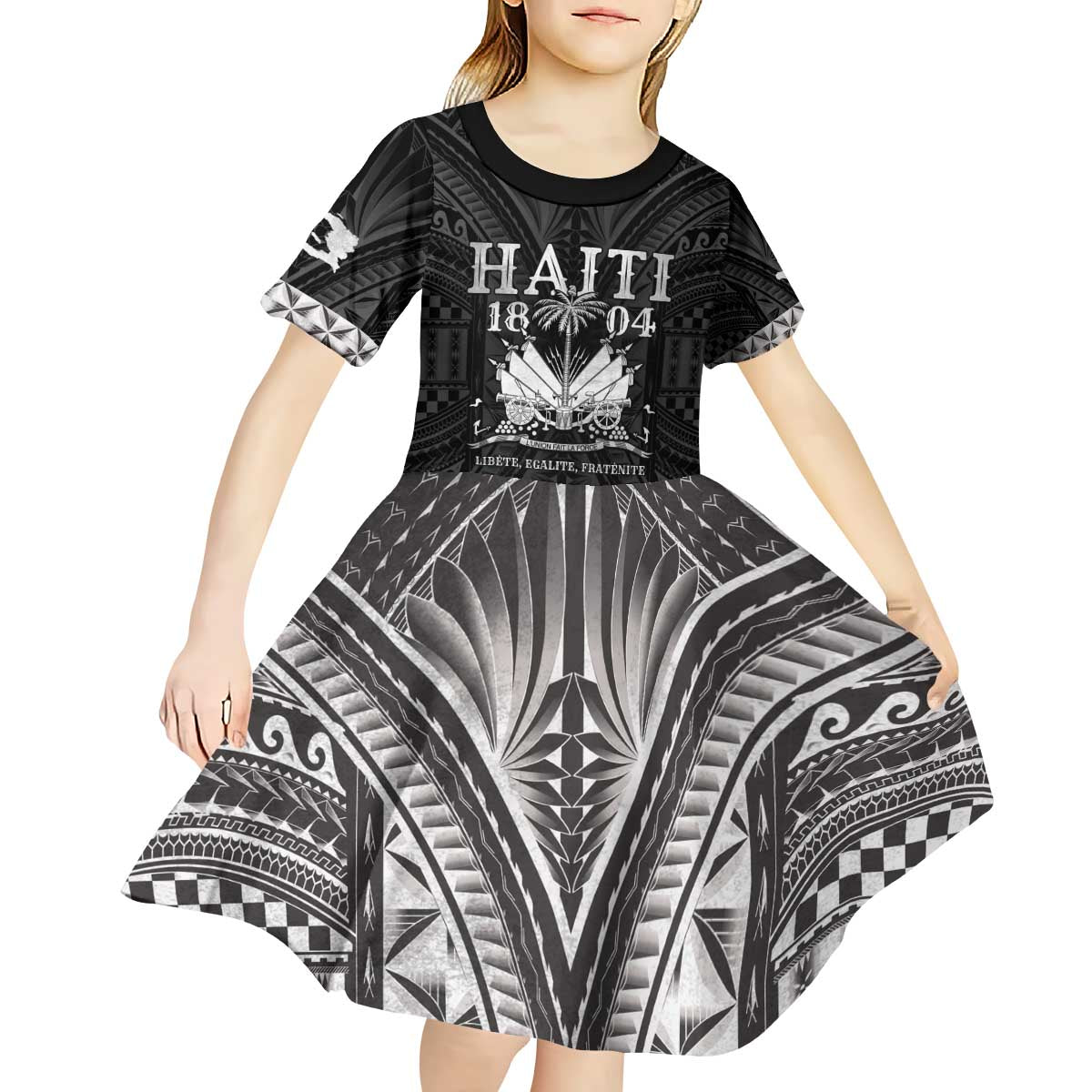 Haiti 1804 Kid Short Sleeve Dress Polynesian Silver Neg Maron LT05 - Wonder Print Shop