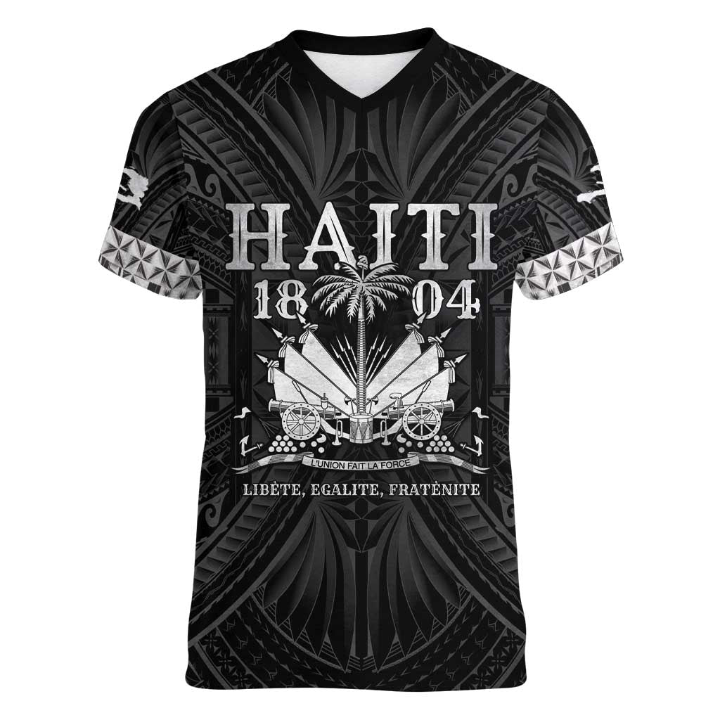 Haiti 1804 Women V-Neck T-Shirt Polynesian Silver Neg Maron LT05 - Wonder Print Shop