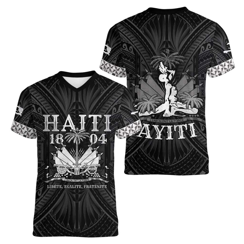 Haiti 1804 Women V-Neck T-Shirt Polynesian Silver Neg Maron LT05 - Wonder Print Shop