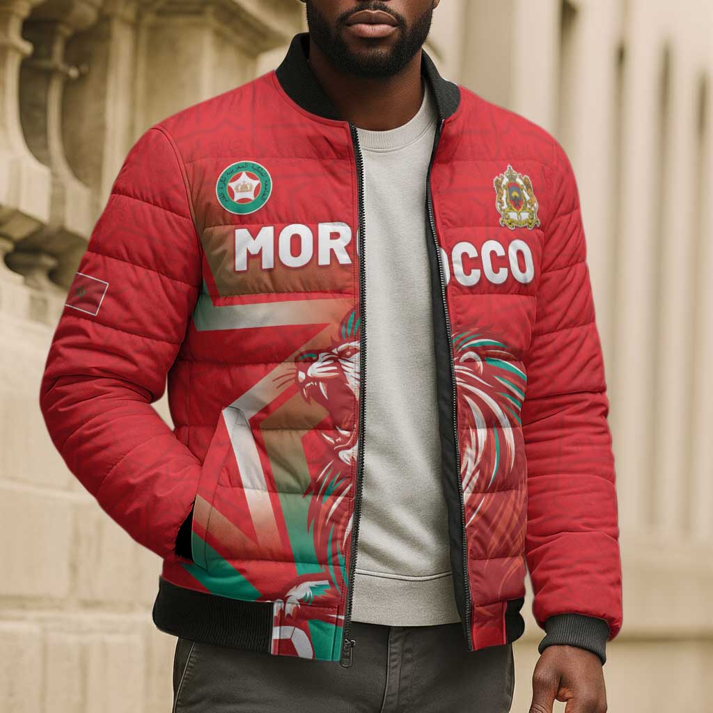Custom Morocco WC Football 2026 Bomber Puffer Jacket Go Champions Lion Spirit - Wonder Print Shop