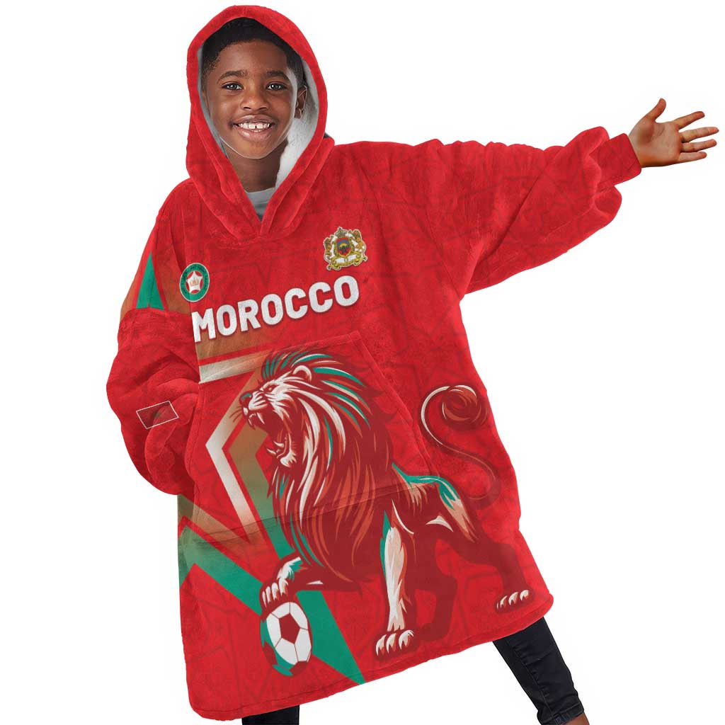 Custom Morocco WC Football 2026 Kid Wearable Blanket Hoodie Go Champions Lion Spirit - Wonder Print Shop