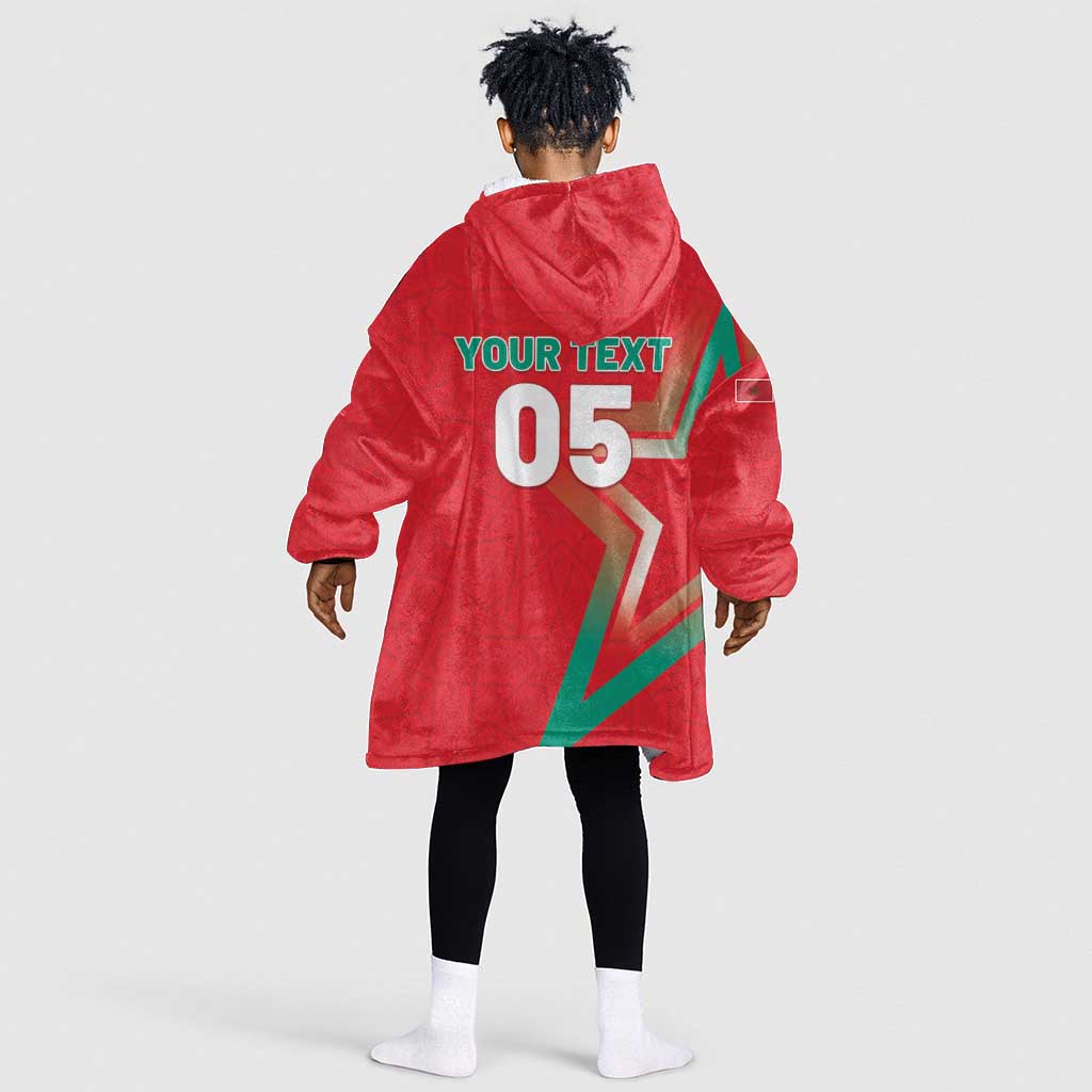 Custom Morocco WC Football 2026 Kid Wearable Blanket Hoodie Go Champions Lion Spirit - Wonder Print Shop