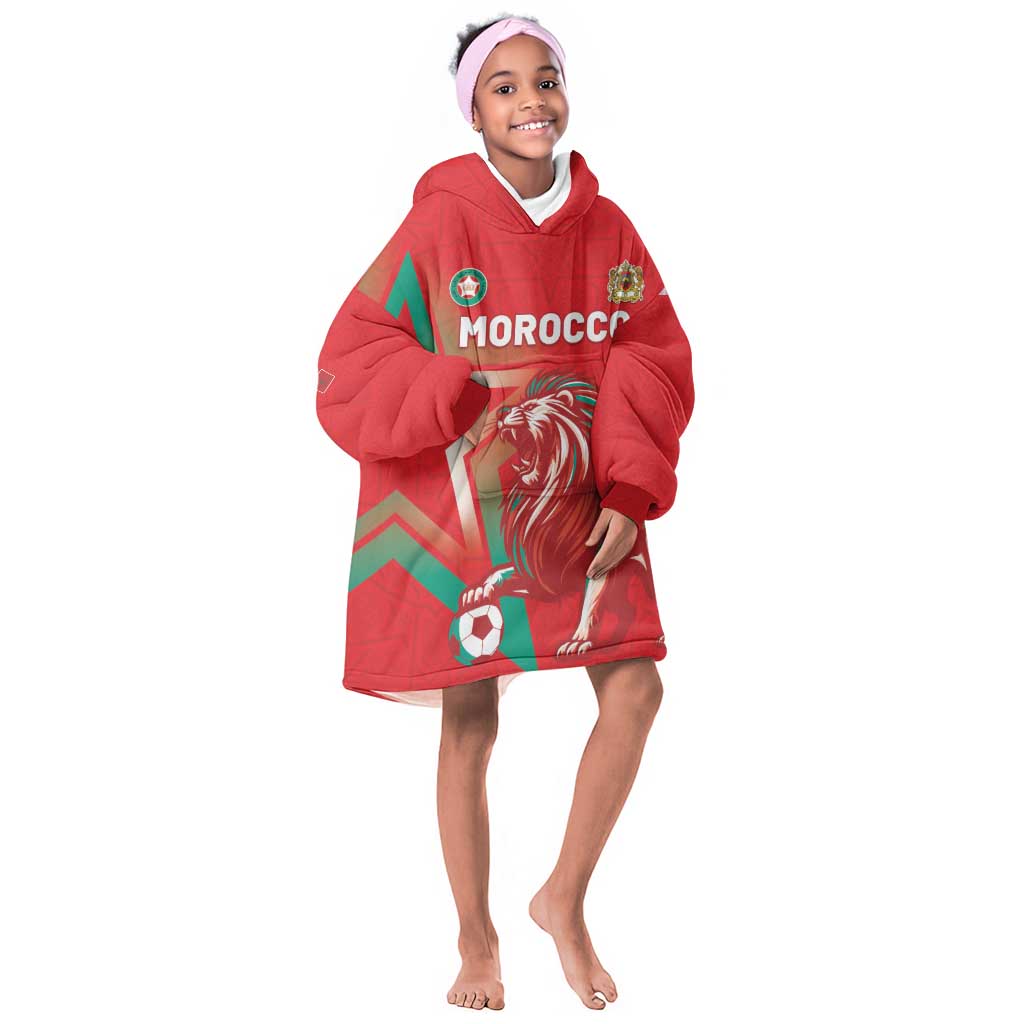 Custom Morocco WC Football 2026 Kid Wearable Blanket Hoodie Go Champions Lion Spirit - Wonder Print Shop