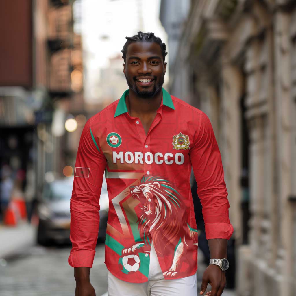 Custom Morocco WC Football 2026 Long Sleeve Button Shirt Go Champions Lion Spirit - Wonder Print Shop