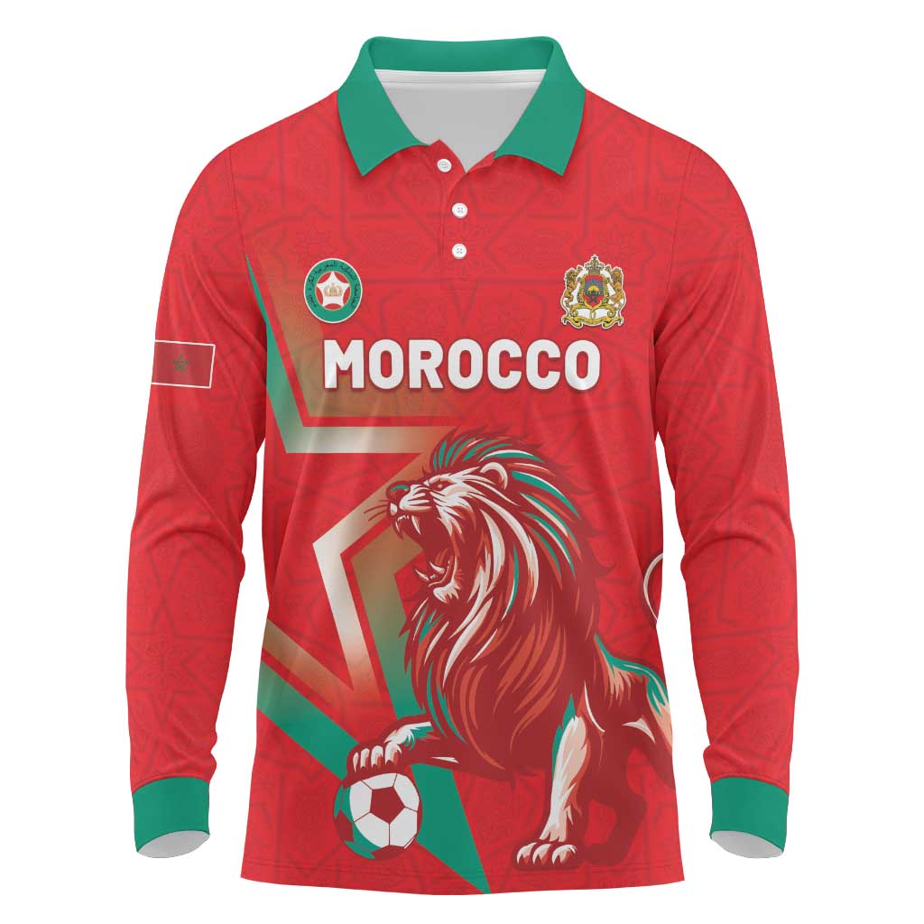 Custom Morocco WC Football 2026 Long Sleeve Polo Shirt Go Champions Lion Spirit - Wonder Print Shop