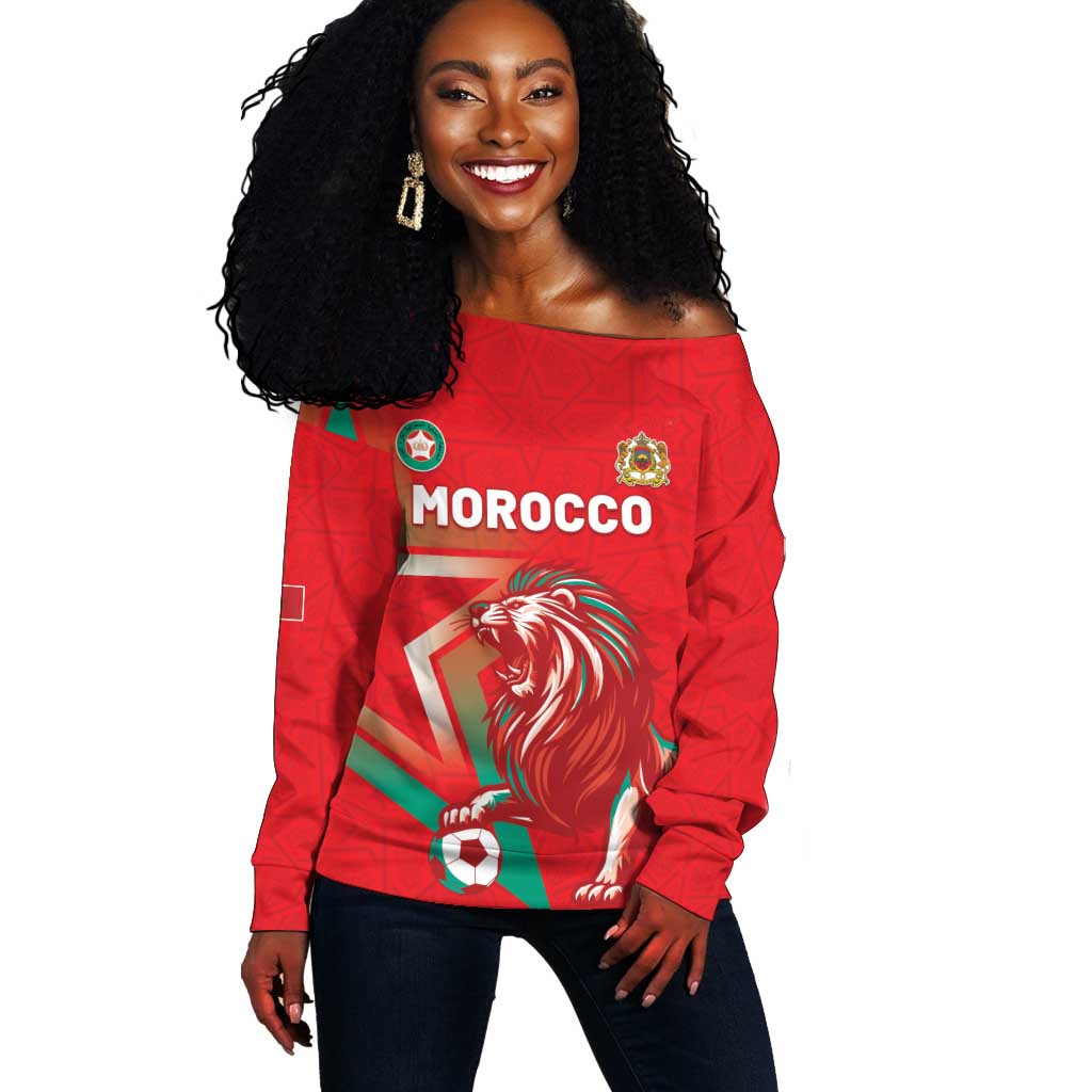 Custom Morocco WC Football 2026 Off Shoulder Sweater Go Champions Lion Spirit - Wonder Print Shop