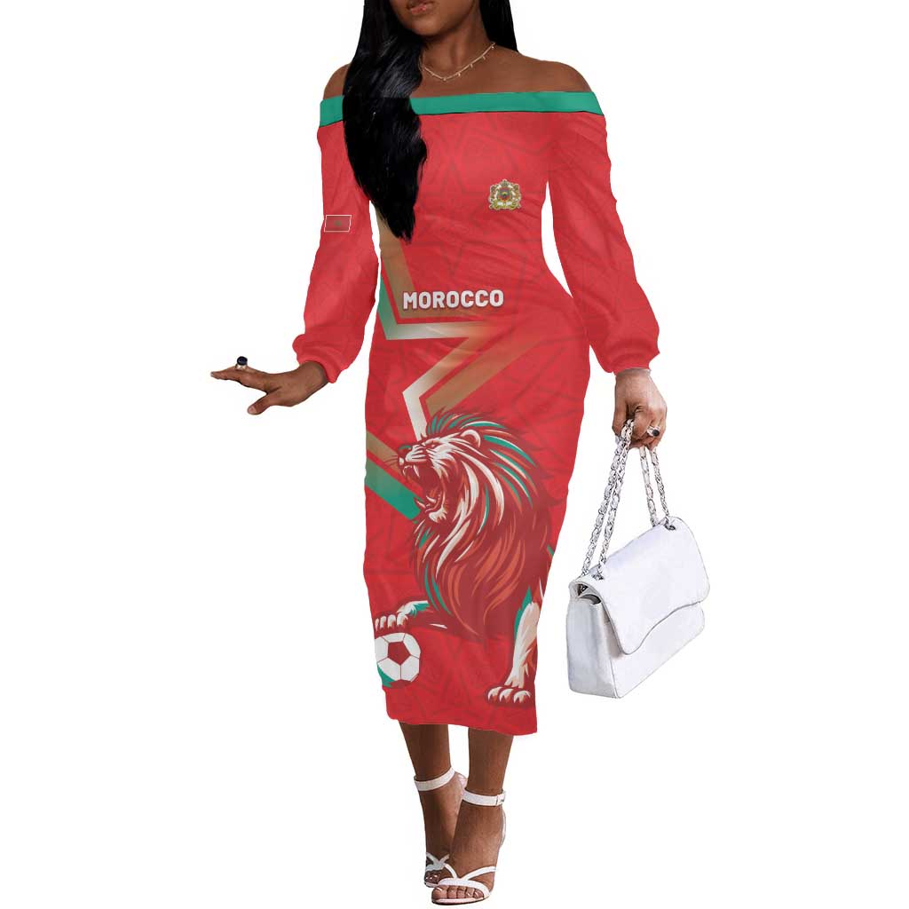 Custom Morocco WC Football 2026 Off The Shoulder Long Sleeve Dress Go Champions Lion Spirit - Wonder Print Shop