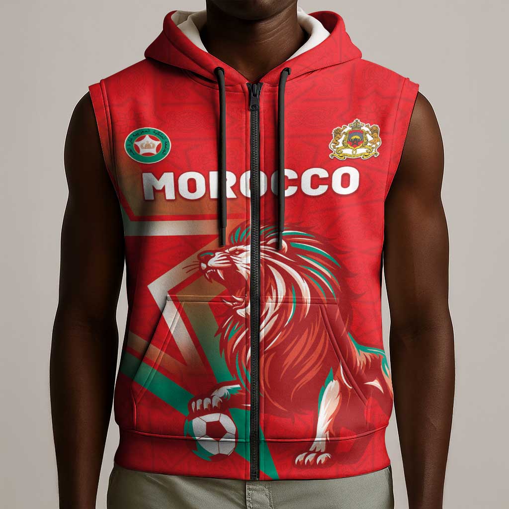 Custom Morocco WC Football 2026 Sleeveless Zip Hoodie Go Champions Lion Spirit - Wonder Print Shop