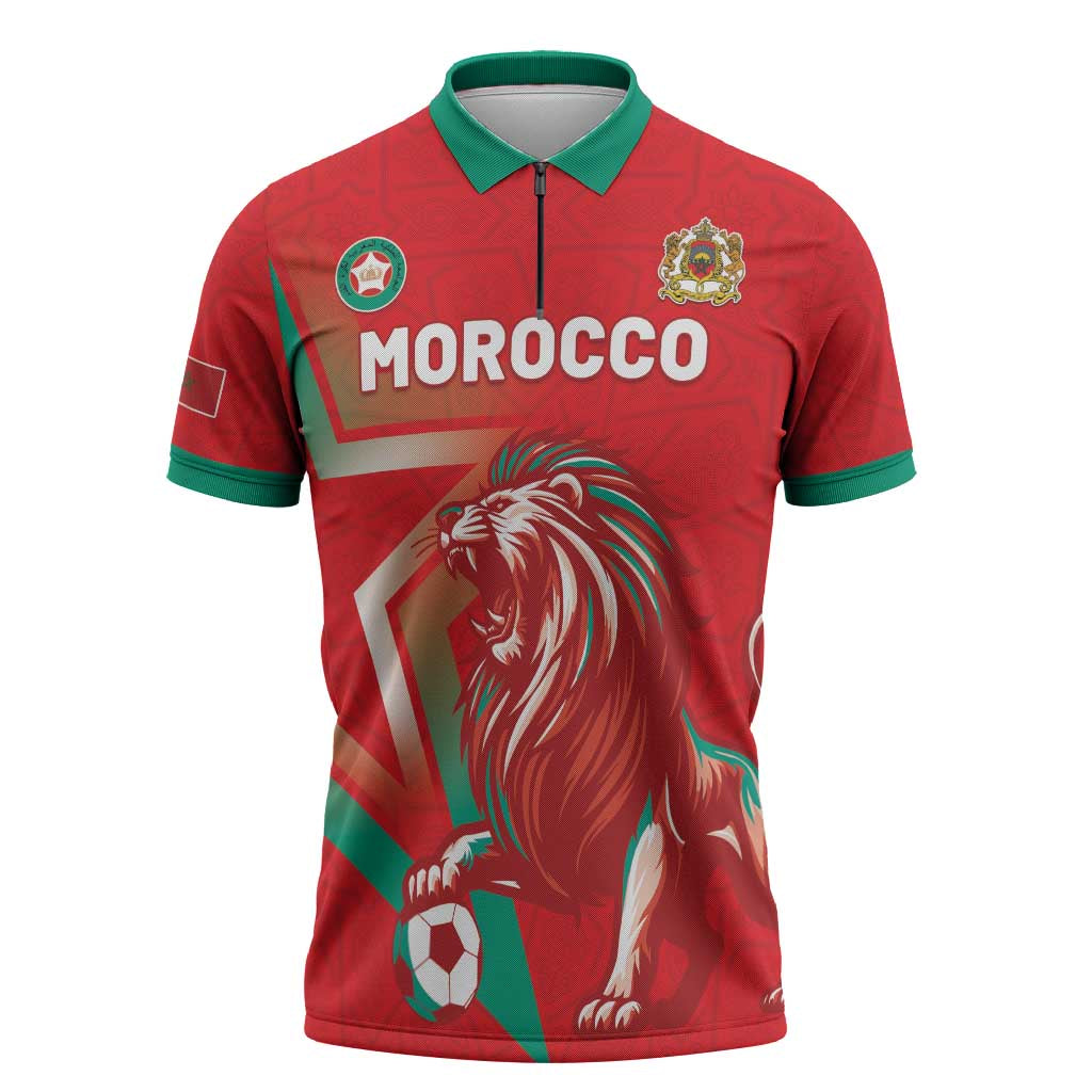 Custom Morocco WC Football 2026 Zipper Polo Shirt Go Champions Lion Spirit - Wonder Print Shop