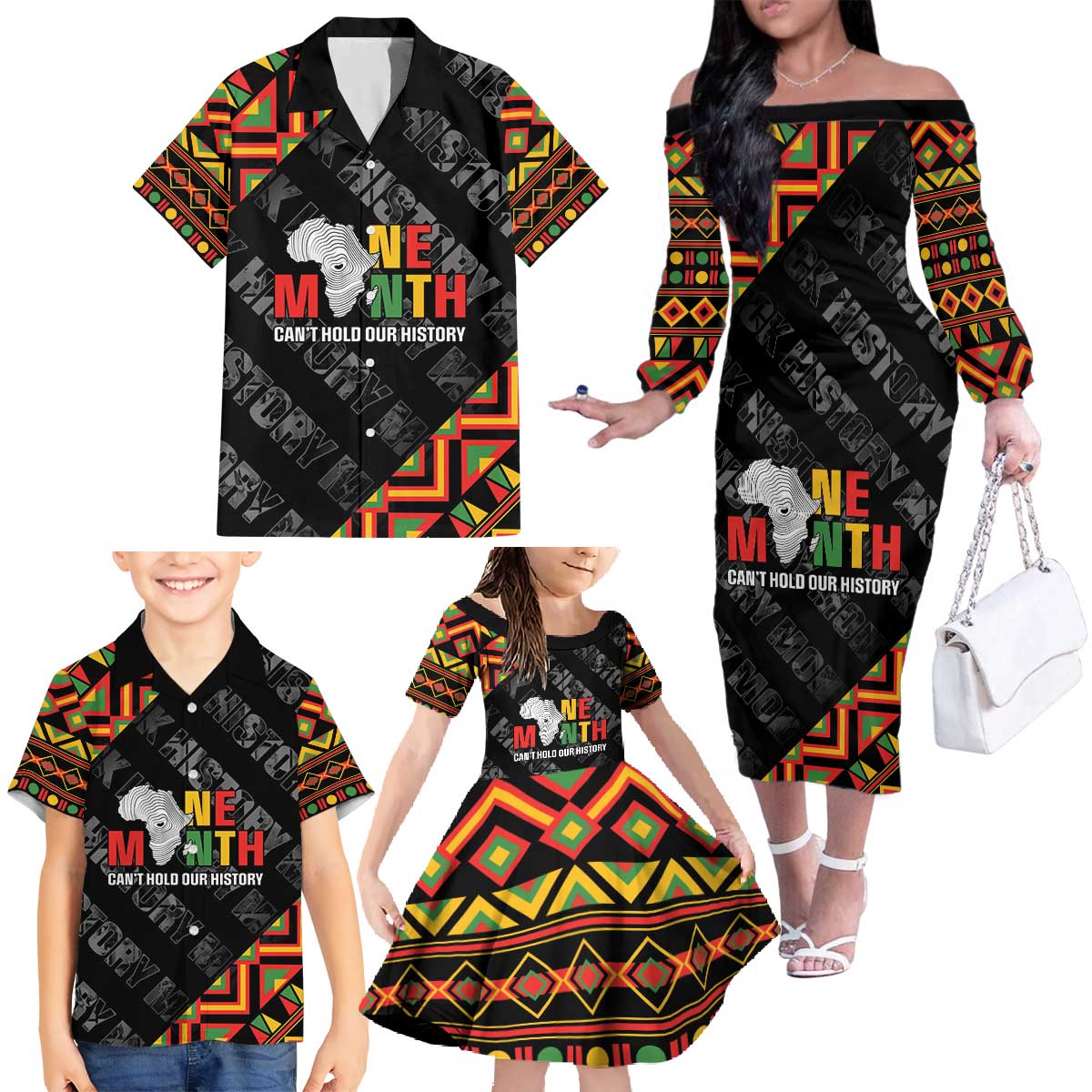 Black History Month Family Matching Off The Shoulder Long Sleeve Dress and Hawaiian Shirt One Month Can't Hold Our History