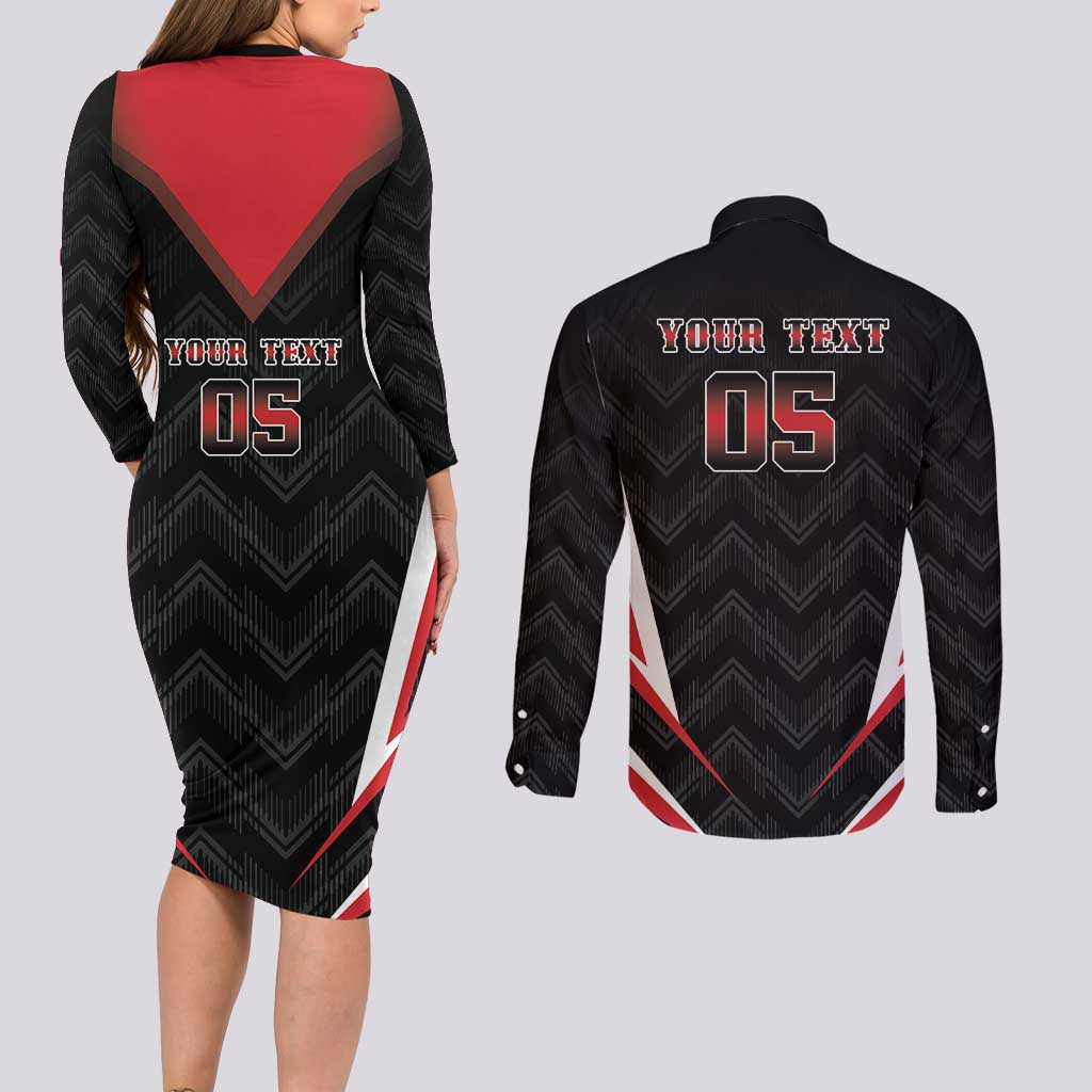 Custom Trinidad And Tobago Cricket Couples Matching Long Sleeve Bodycon Dress and Long Sleeve Button Shirt Go Red Force