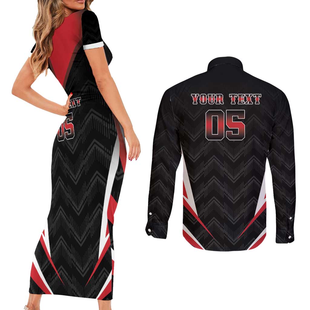 Custom Trinidad And Tobago Cricket Couples Matching Short Sleeve Bodycon Dress and Long Sleeve Button Shirt Go Red Force