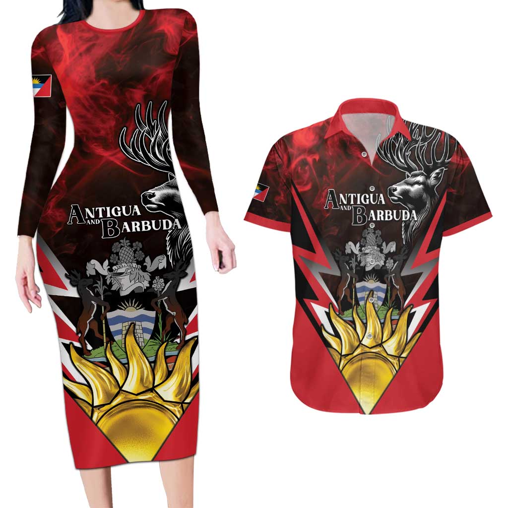 Personalized Antigua and Barbuda Couples Matching Long Sleeve Bodycon Dress and Hawaiian Shirt Coat Of Arms With Fallow Deer